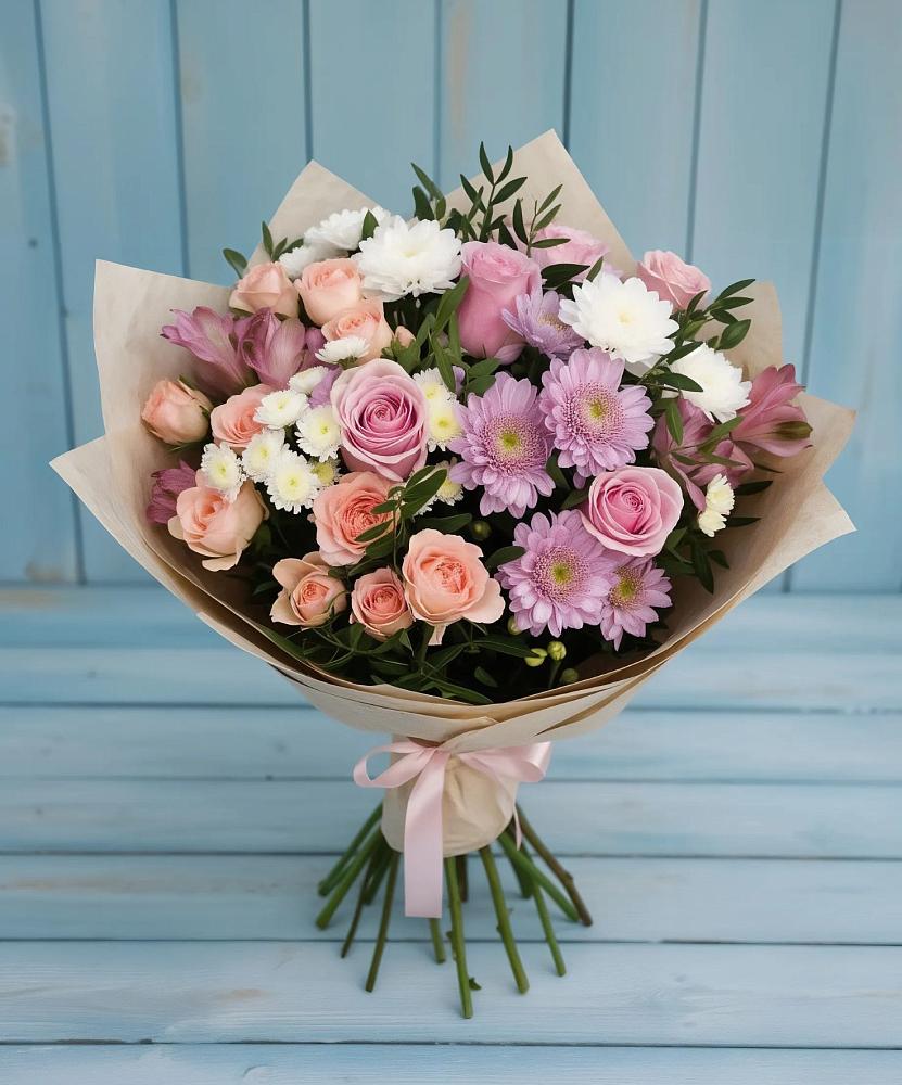 Букет цветов из: Хризантемы, Розы и Альстромерии в Левашах