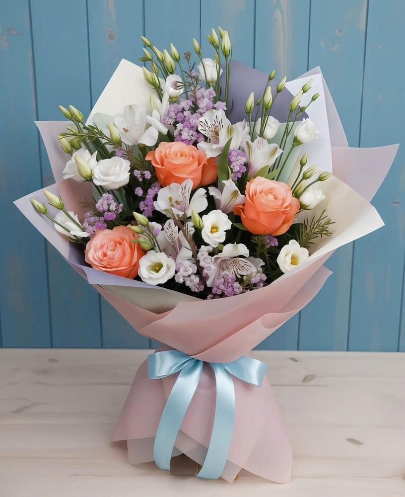 Букет цветов из: Лизиантусы, Розы, Альстромерии и Гипсофила в Левашах