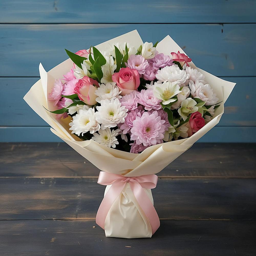 Букет цветов из: Хризантемы, Альстромерии и Розы в Левашах